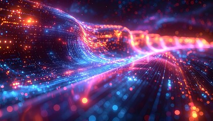 Obraz premium A vibrant digital flow, particles cascade in blue and orange along a tunnel-like path, creating a mesmerizing data stream effect