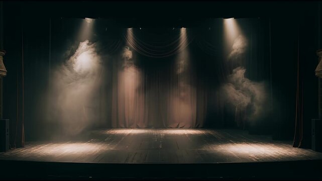 Empty theater stage lit by bright spotlights with thick smoke swirling on floor. Dramatic performance setting for concert, play, or event with dark shadowy back.