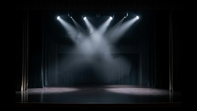 Empty theater stage with glowing spotlights and atmospheric smoke. Lighting beams descend on wooden floor for theatrical performance or dramatic concert set design.