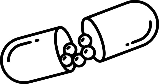 Medical healthcare and pharmaceutical drug symbol for medicine treatment and supplement powder medication dose featuring a simple black line art open capsule pictogram &ndash; Black Vector Illustration