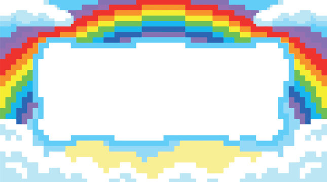 Pixel art frame with rainbow and clouds for digital greeting cards and social media announcements