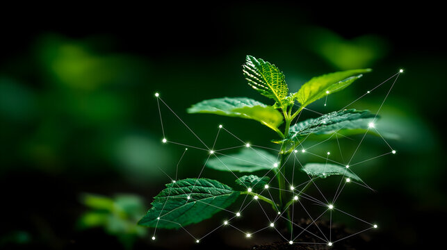 normalizing. Nature and technology concept with organic plant patterns merging with geometric green and silver shapes. product launch decks.