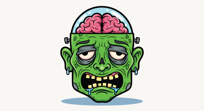 Green Zombie Head with Exposed Brain and Drool 1.