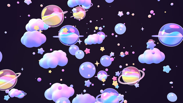 3D rendered pastel bubble planets and stars.