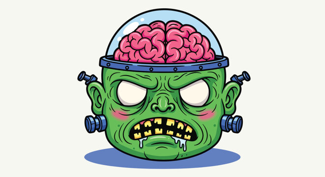 Scary Green Zombie Head with Exposed Brain and Bolts.
