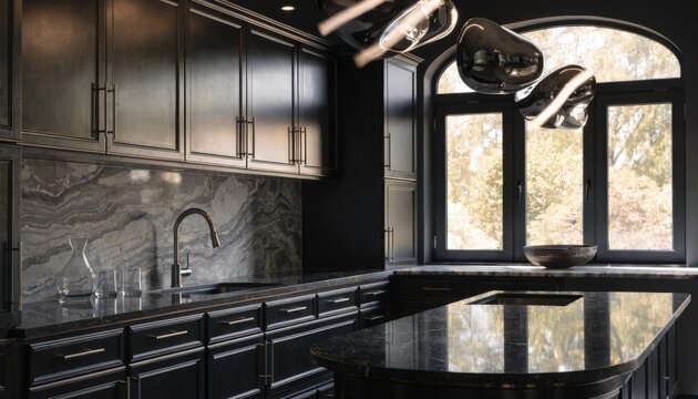 Medium shot capturing upscale kitchen renovation with matte black cabinetry minimalistic handles and elegant marble backsplash blurred designer light fixtures enhance luxurious