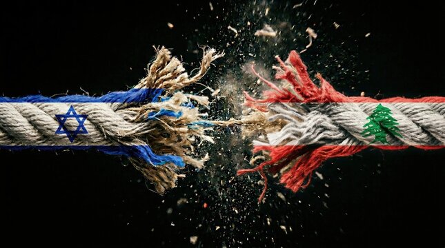 Tension and rupture between two Middle Eastern nations represented by a fraying rope with Israeli and Lebanese flag textures
