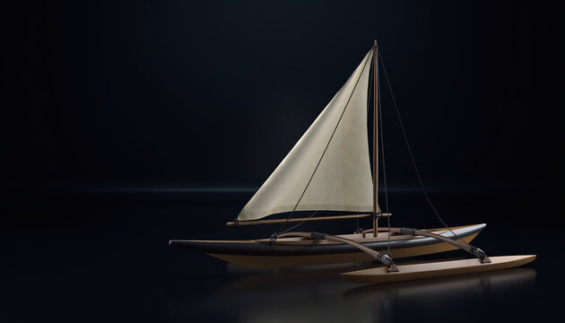Traditional outrigger canoe sailing vessel on dark background
