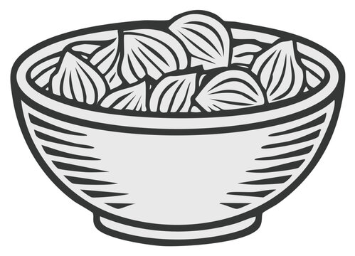 Vintage style line art illustration of traditional Asian dumplings in a rustic bowl