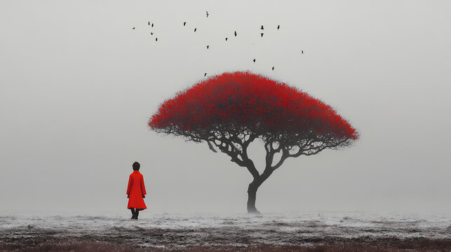 Artistic surreal landscape featuring a small figure in a bright red coat standing in front of a large red tree within a desolate, misty gray field under a sky filled with birds.