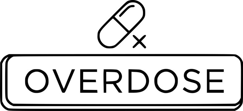 Medical emergency and drug abuse warning symbol for healthcare toxicity risk and pharmaceutical danger awareness featuring a simple black line art overdose pictogram &ndash; Black Vector Illustration