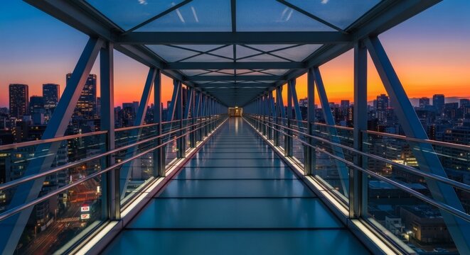 Modern urban glass skybridge at sunset with city skyline view