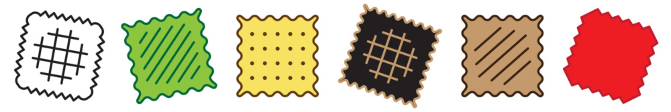 Set of fabric swatch icons in linear and solid color style, isolated on transparent background. Textile sample pieces symbolizing fashion design, garment production, tailoring, and light industry. 