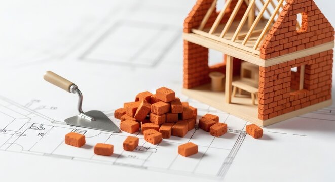 model house construction with bricks and trowel on blueprint