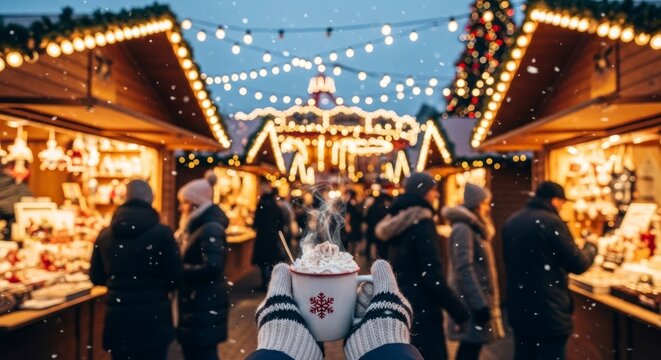 Christmas market in winter evening.