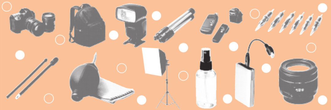 halftone pop art photography equipment set with camera tripod lens lighting and studio accessories collection