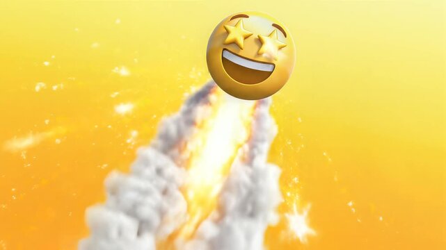 Excited emoji with stars in its eyes blasting off on a rocket ship with a bright yellow background and smoky trail, symbolizing success or celebration