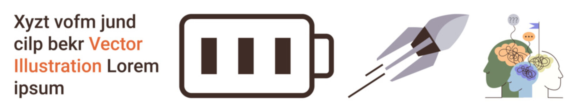 Energy storage, innovation, neuroscience, progress, creativity, technology. Battery icon, rocket launching brain with neural connections. Energy storage and innovation technology and creativity