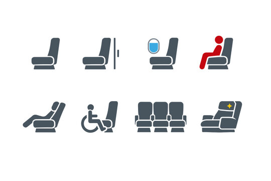 Set of airplane seating icons including single seat, aisle, window view, occupied, reclining, wheelchair accessible, group of three, and premium first class seats for travel and flight apps.