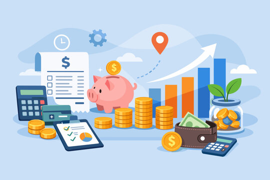 Financial strategy and business planning concept with piggy bank, stacks of coins, growth chart, calculator, and wallet for income monitoring, accounting, payment workflow, and saving tips.