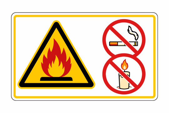 Highly Flammable Warning Sign with No Smoking and No Naked Flames Symbols. Vector illustration of a hazard safety sign isolated on a white background for industrial and workplace safety use.