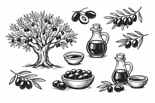Vintage Hand Drawn Olive Tree and Oil Sketch Set. Vector Illustration of Mediterranean Harvest Elements including Olive Branches, Glass Bottles of Extra Virgin Olive Oil, and Bowls of Black Olives.