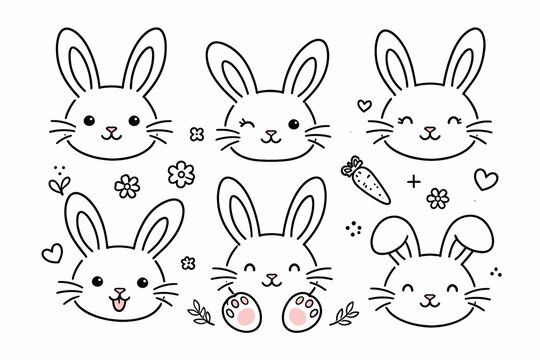 Cute Rabbit Bunny Face Line Art Set with Various Expressions, Easter Doodle with Whiskers, Paws, Flowers, and Carrots, Kawaii Animal Head Outline Collection for Kids Coloring and Craft Projects