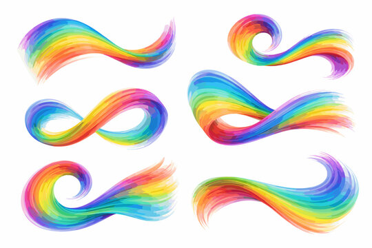 Vibrant Rainbow Gradient Flow Set Isolated on White Background. Colorful Wave Ribbons with Dynamic Brush Strokes, Infinity Loops, and Spirals for Creative Graphic Design and Abstract Art Projects.