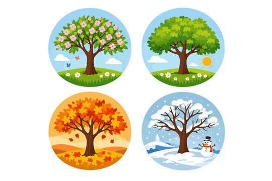 Four seasons of the year vector illustration featuring a tree in round frames showing spring with blossoms, summer with green leaves, autumn with orange foliage, and winter with snow and a snowman.