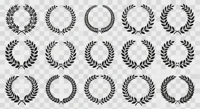 Circular foliate laurels branches icons set. Laurel wreath vectors isolated on transparent background. Silhouette vintage collection. Heraldic trophy crest Greek olive branch award winner round emblem