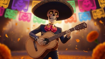 Obraz premium Animated skeleton mariachi musician with guitar plays festive music surrounded by marigold petals and papel picado banners