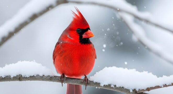 Vibrant Red Cardinal Perched on Snowy Branch in Winter Wonderland.