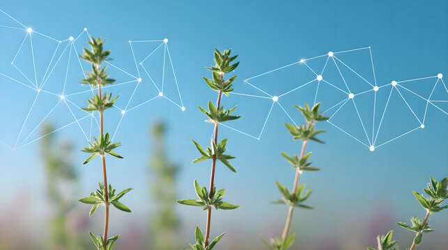 normalizing. Nature and technology concept with organic plant patterns merging with geometric green and silver shapes. product launch decks.