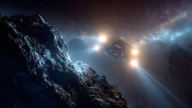 Advanced space exploration vehicle extracting resources from asteroid, illuminated by engine thrusters and reflected starlight, detailed surface textures and cosmic nebula backdrop, epic space