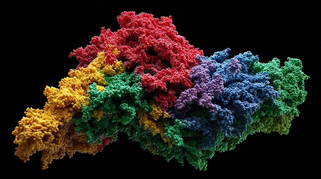 3D folded structure of protein, color-coded regions, scientific microscopic schematic