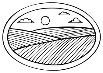 Obraz premium Stylized oval landscape drawing of rolling hills under a sun and clouds