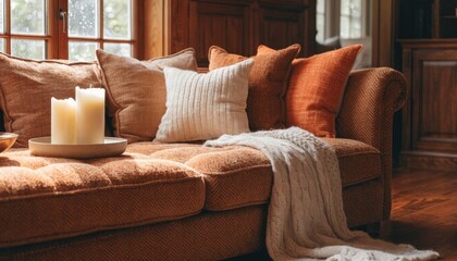 Fototapeta premium Medium shot of a cozy living room with plush sofa in sharp focus soft ambient lighting and blurred background elements enhancing a warm inviting atmosphere for rental ads.