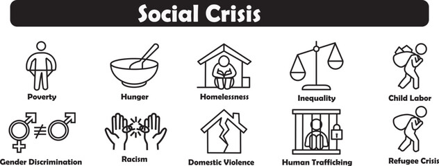 Fototapeta premium Collection of conceptual line art icons representing various social crisis issues impacting communities globally