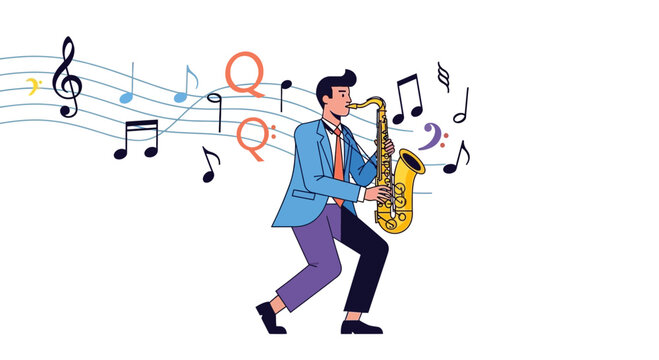Saxophonist plays a melodic tune as musical notes float through the air during a jazz performance.