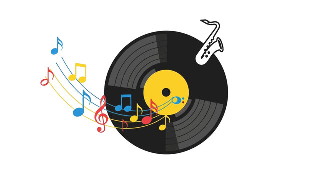 Vinyl record spins with a saxophone and floating musical notes to evoke the classic atmosphere of jazz music and retro audio culture.