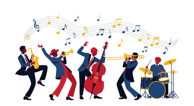 Jazz musicians play instruments in a lively band performance with musical notes floating above.
