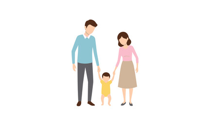 Obraz premium Parents hold their young toddler child by the hands to help the baby take its first steps in a warm and supportive family moment.