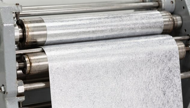 Medium shot of textured packaging foil passing through embossing rollers showcasing a smooth logofree pattern being expertly pressed into the surface.
