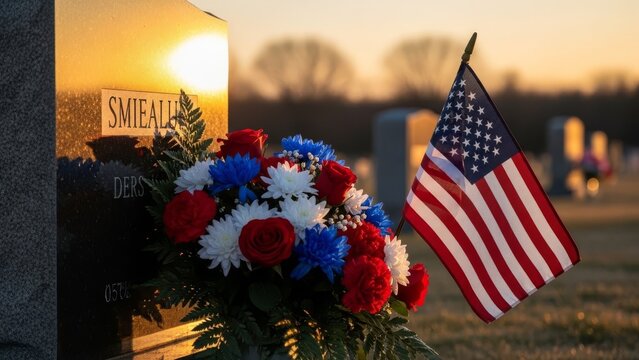 American flag and patriotic flowers at a gravesite at sunset
