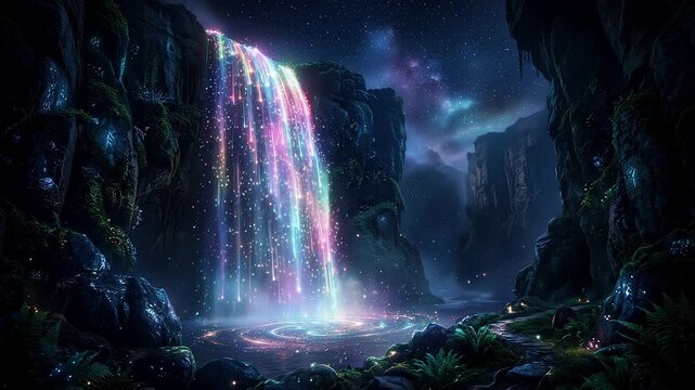 Magical waterfall with glowing colorful particles in night forest 4K loop background