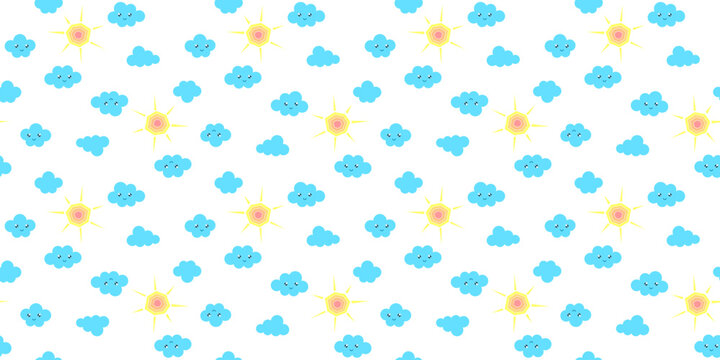 A polygonal sun and clouds with cute faces on a white background. Kids endless texture with kawaii sky. Vector seamless pattern for wrapping paper, giftwrap, surface texture and printing on clothes