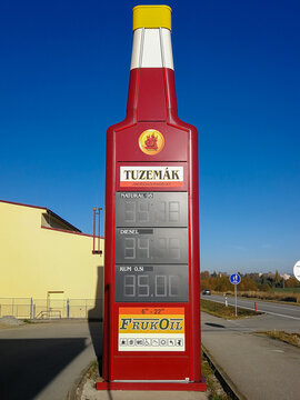 Advertising pylon at Tuzemak destillery in the Czech Republic where, rum and also fuel can be bought