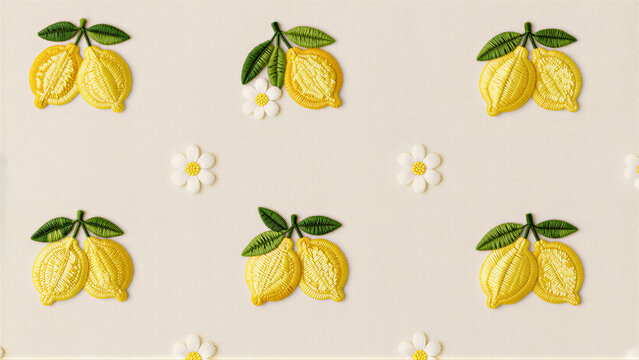 Elegant embroidery pattern featuring yellow lemon fruit and white daisy blossom on beige textile. This high-resolution 3D render captures intricate stitch texture and summer craft detail