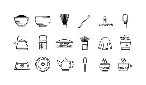Japanese tea ceremony tool icon set with matcha bowl whisk and traditional utensils black vector collection isolated on white