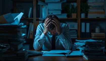 Obraz premium A man sits at a table, holding his head in his hands. Concept of business problems, debts, loans, depression.